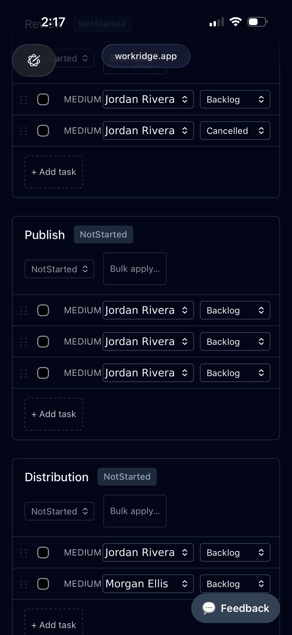 The Workridge project board on a phone — phases, tasks, assignees, and statuses